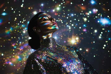 Futuristic Woman in Metallic Holographic Outfit Standing in a Dark Studio with Cosmic Galaxy Projections and Starry Background.