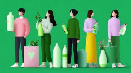 Group of people promoting sustainability with green products at a local community event