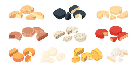 Naklejka premium Natural and organic farm made hard cheese. Vector isolated isometric pieces and wheels of dairy product. Shop or store assortment of food, nutrition and nourishment, meal for dieting