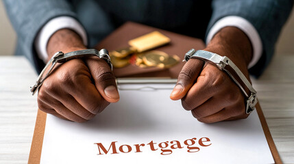 Hands of man in handcuffs lying on mortgage agreement. Loan debts, bondage, payment difficulties concept