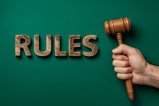 Hand holding wooden gavel against green background with rules text