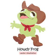 Cute cowboy frog howdy kawaii frog with cowboy hat and boots cartoon vector illustration