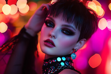 Glamorous and Edgy Beauty Shot Featuring a Bold Pixie Haircut, Dark Smoky Eyes, and Futuristic Accessories Under Neon Lights.