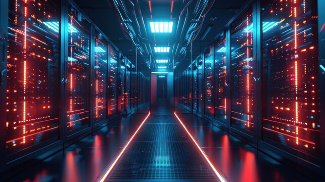Futuristic Server Room, Neon Lights Illuminate Data Center