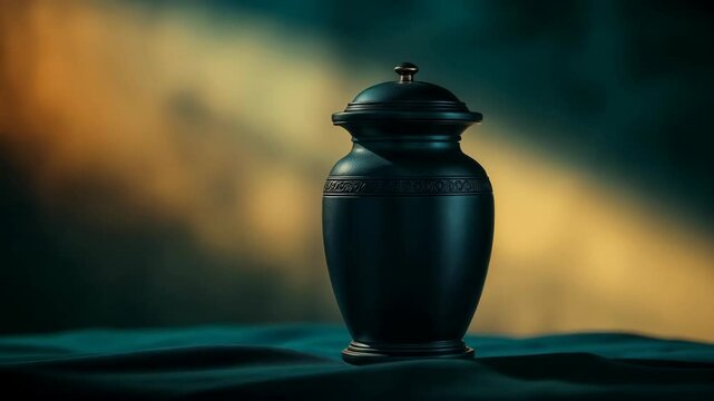 Black funeral urn placed on table in soft light with dark blurred background - concept of loss grief remembrance and final farewell