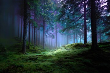 Obraz premium Ancient forest with moss-covered trees, mystical lighting and fog