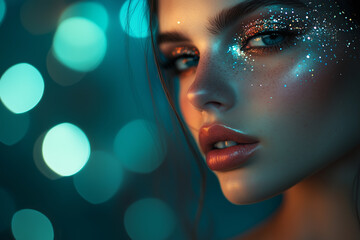 Glamorous Celestial Beauty Portrait of a Model with Glittery Makeup and Star-Inspired Jewelry under a Starry Night Sky.