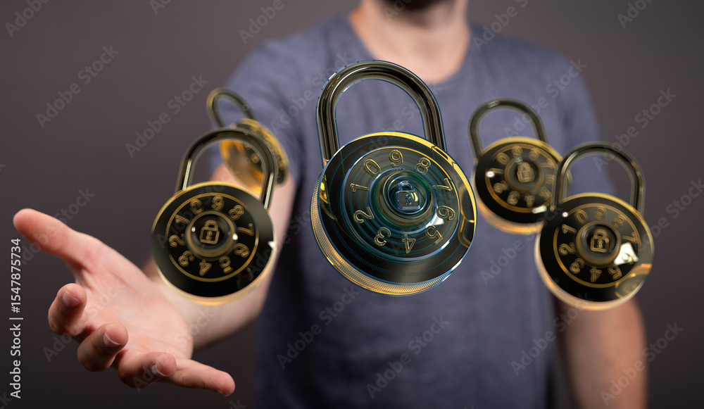 Poster Secure your data!  Image depicts multiple combination locks.