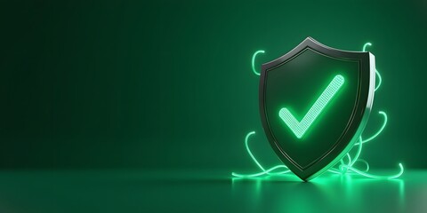 3D Render of a Futuristic Shield with Glowing Green Checkmark Symbol on Dark Background