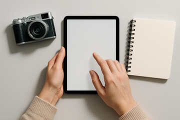Person using a digital tablet on a desk with vintage camera and spiral notebook, creative workspace setup for digital content creation