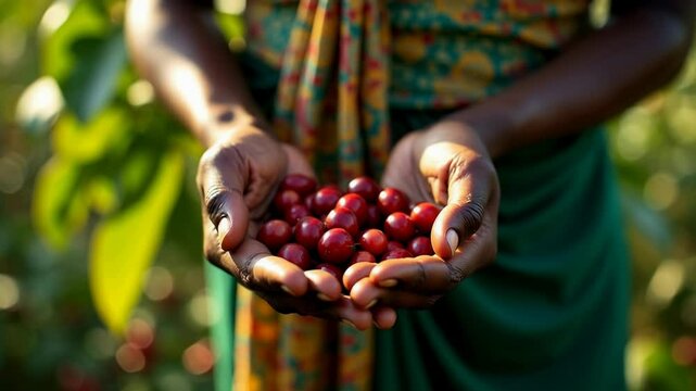 Ethiopian woman showcases a single glossy coffee cherry in her palm at a vibrant coffee farm