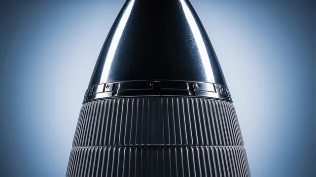 Shiny metallic rocket nose cone with ribbed texture emphasizing aerospace design