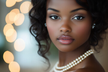 Glamorous Close-Up of a Fashion Model Wearing Pearl Accessories with Radiant Skin and Soft Hair Waves in an Upscale Interior Setting.