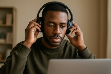 Focused young man in headphones working on laptop indoors, engaging in remote learning or virtual meeting in casual setting