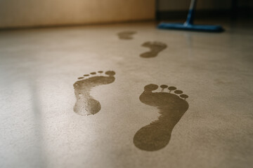 Wet barefoot footprints on indoor concrete floor leading toward cleaning mop in soft natural lighting