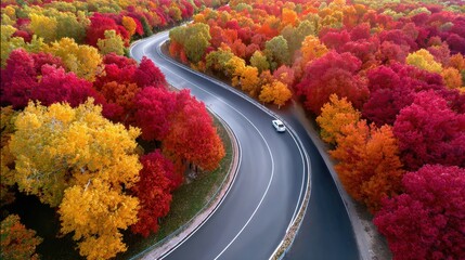 Autumn highway surrounded by red and yellow trees