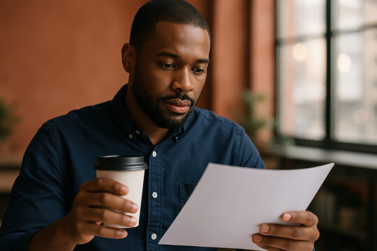 Focused young man reading important documents while holding a takeaway coffee cup at a modern workplace during daylight hours