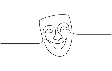 Greek mask one line drawing, opera event symbols continuous hand drawn, mask one line vector isolated design element, opera event symbols continuous hand drawn.
