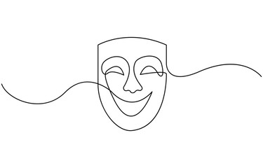 Greek mask one line drawing, opera event symbols continuous hand drawn, mask one line vector isolated design element, opera event symbols continuous hand drawn.