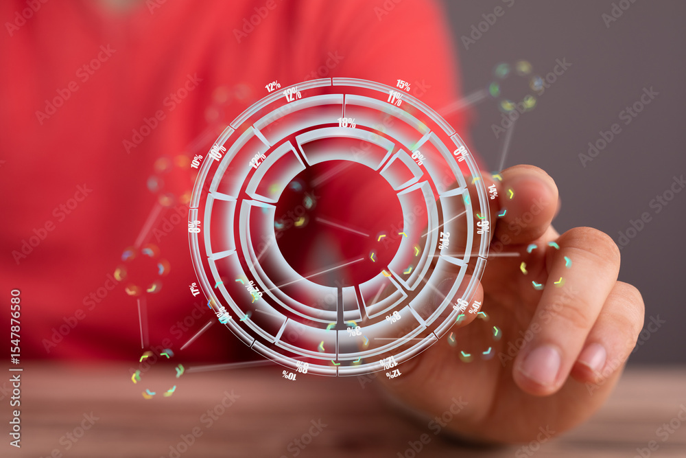 Poster Close-up of a hand interacting with a holographic circular data chart, showing percentages and data points.