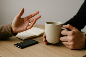 Close up of two people having a casual conversation over coffee with a smartphone and notebook on a wooden desk