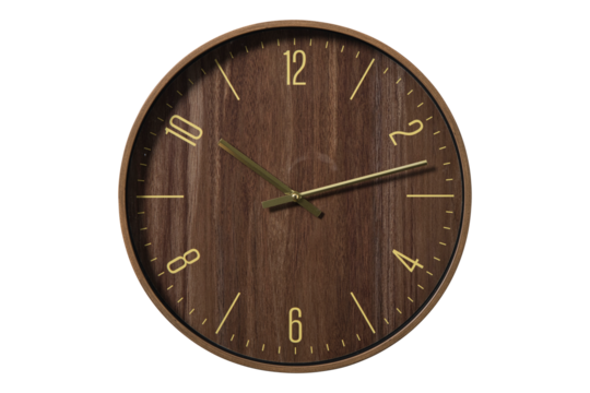 Modern wooden wall clock isolated on transparent background