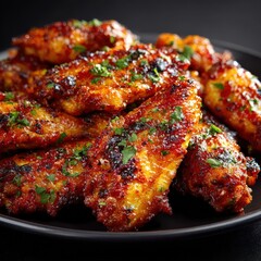 Succulent chicken wings covered with a savory and sweet glaze, garnished with fresh herbs, beautifully presented in a dark bowl