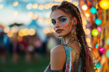 Glamorous Festival Fashion Model in a Sparkling Glitter Outfit with Braided Hair and Vibrant Makeup Posing Under Colorful String Lights at a Lively Outdoor Event.