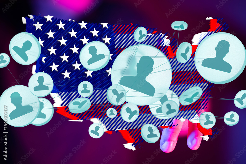 Poster illustrative image depicting a network of us citizens connected via social media, visualized over a 