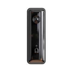 Obraz premium Sleek, modern camera design with glossy black finish, featuring lens and small lock icon, perfect for capturing moments