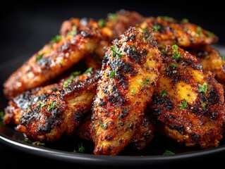 Succulent chicken wings covered with a savory and sweet glaze, garnished with fresh herbs, beautifully presented in a dark bowl