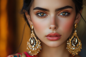 Glamorous Portrait of a Model Showcasing Bold Statement Earrings and Artistic Makeup, Set Against a Softly Blurred Background for Maximum Focus.
