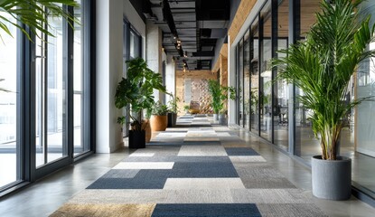 Obraz premium Modern, spacious office hallway with plants