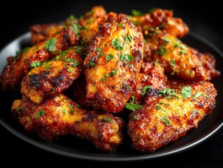 Succulent chicken wings covered with a savory and sweet glaze, garnished with fresh herbs, beautifully presented in a dark bowl
