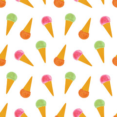 Seamless pattern with ice cream cones. Playful summer background. Perfect for fabric, wallpaper, wrapping paper, stationery, packaging, fabric designs.