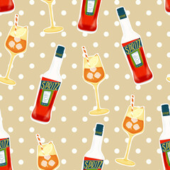Seamless pattern with aperitivo bottles and  glasses. Summer background. Perfect for barware, party decor, textiles, packaging, wrapping, and stationery. 