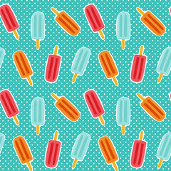 Seamless pattern with red, orange and blue popsicles. Playful summer background. Perfect for fabric, wallpaper, wrapping paper, stationery, packaging, fabric designs.