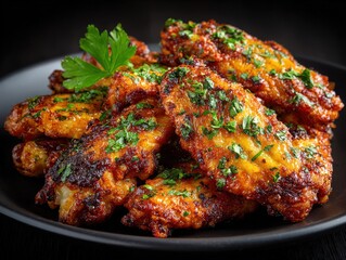 Succulent chicken wings covered with a savory and sweet glaze, garnished with fresh herbs, beautifully presented in a dark bowl