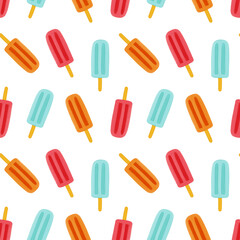Seamless pattern with red, orange and blue popsicles. Playful summer background. Perfect for fabric, wallpaper, wrapping paper, stationery, packaging, fabric designs.