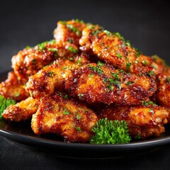 Succulent chicken wings covered with a savory and sweet glaze, garnished with fresh herbs, beautifully presented in a dark bowl