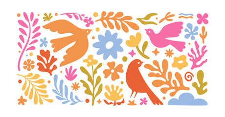 Vector illustration in simple hand drawn and linocut style - natural print, poster or logo design template - spring illustration - birds and flowers