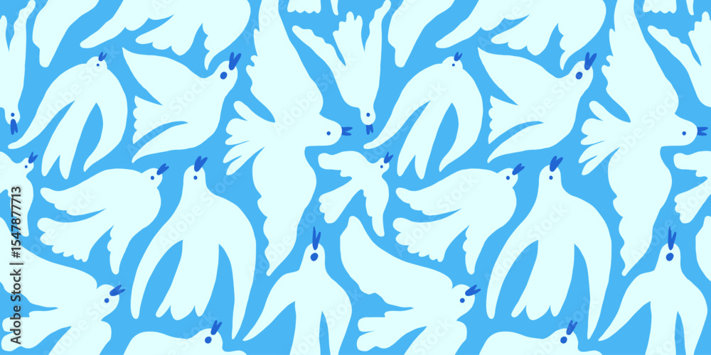 Poster Vector modern art print elements in simple wavy and groovy naive style, seamless pattern with birds flying in the sky