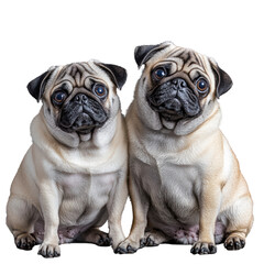 Two adorable pugs sitting side by side, showcasing their wrinkled faces and expressive eyes. Their light fawn coats contrast with their dark muzzles, creating charming and playful appearance