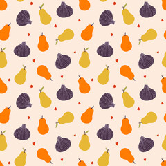 Seamless fruit pattern with pears, figs, and red hearts. Colorful textured design perfect for packaging, fabric, wallpaper, wrapping, kitchen decor, stationery, and surface design.