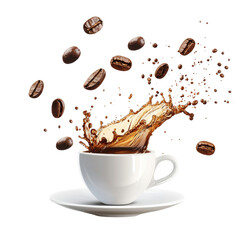 White cup of coffee with dynamic splash surrounded by floating coffee beans creates energetic and lively scene. image captures essence of freshness and aroma