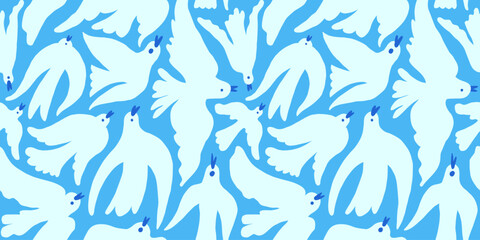 Vector modern art print elements in simple wavy and groovy naive style, seamless pattern with birds flying in the sky
