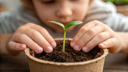A young child carefully observes and gently touches a tiny green plant sprout growing in a peat pot filled with dark soil. The child appears focused and curious about new growth