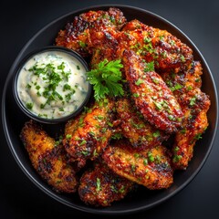 Succulent chicken wings covered with a savory and sweet glaze, garnished with fresh herbs, beautifully presented in a dark bowl