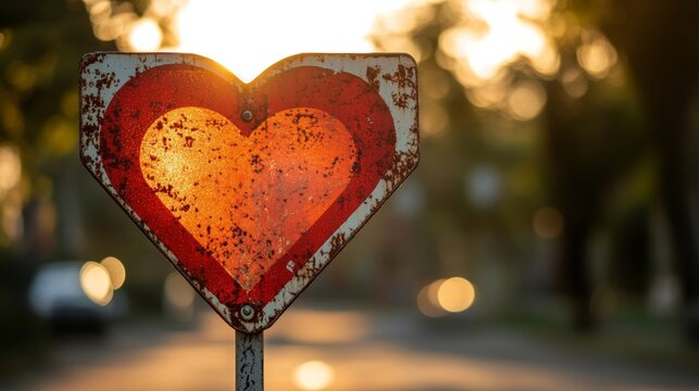 Weathered heart-shaped road sign with sunlight in background