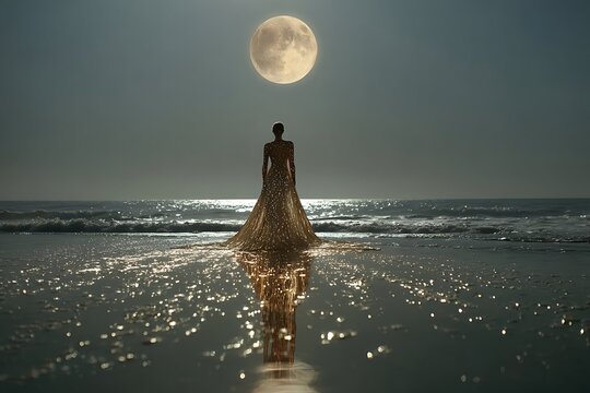 A figure in a shimmering gown walks along a moonlit beach.